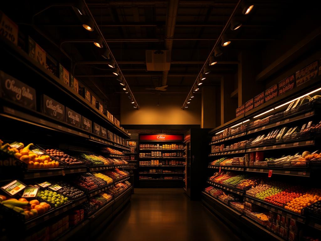 Boutique grocery aisle with produce shelving and track lighting