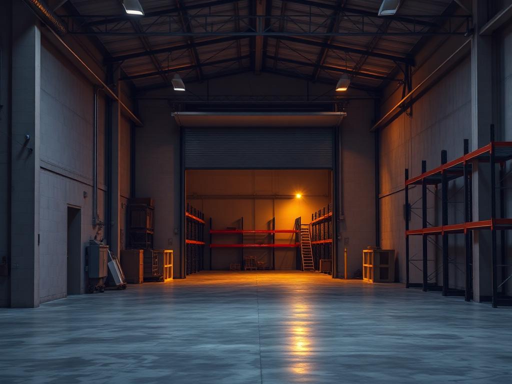 Light-industrial warehouse bay with roll-up door and racking